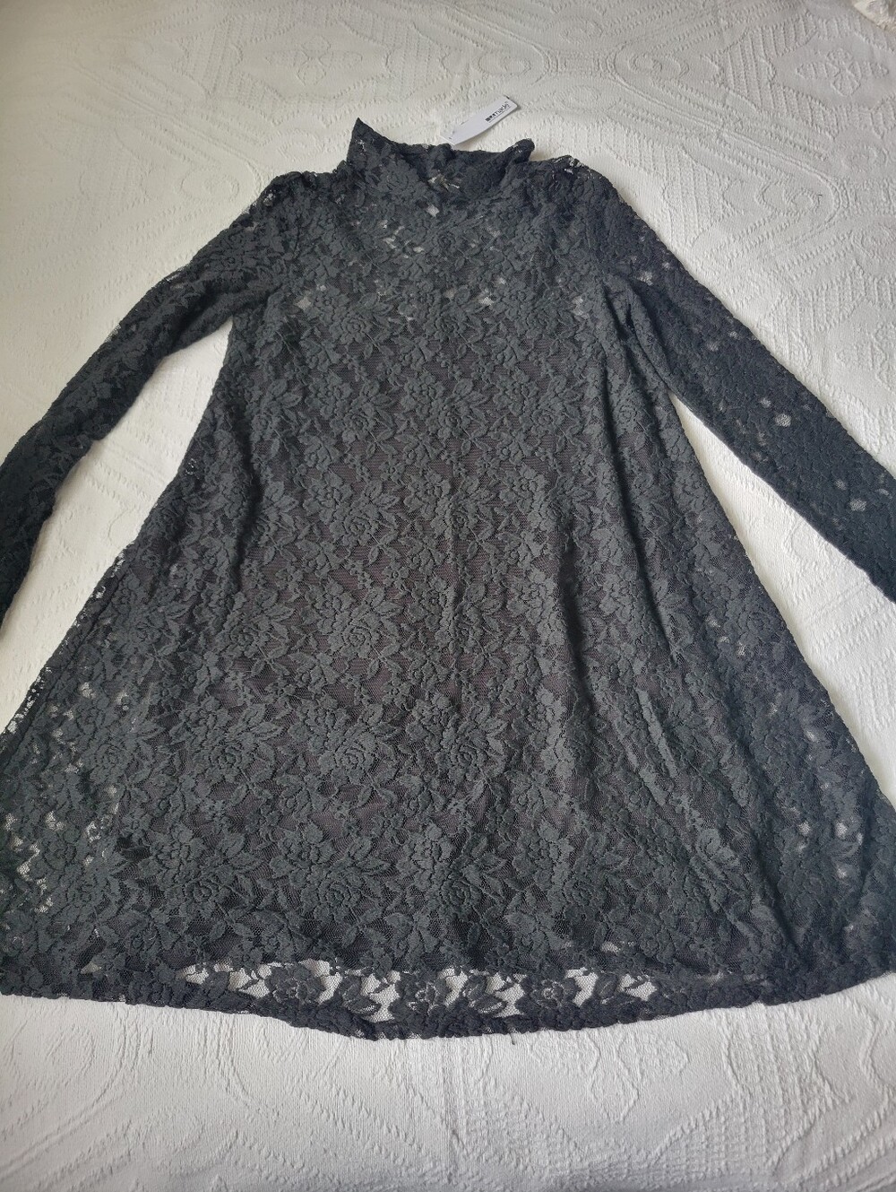 LAmade Black Lace Mock Neck Mini Dress Set with Removable Cami Slip NWT